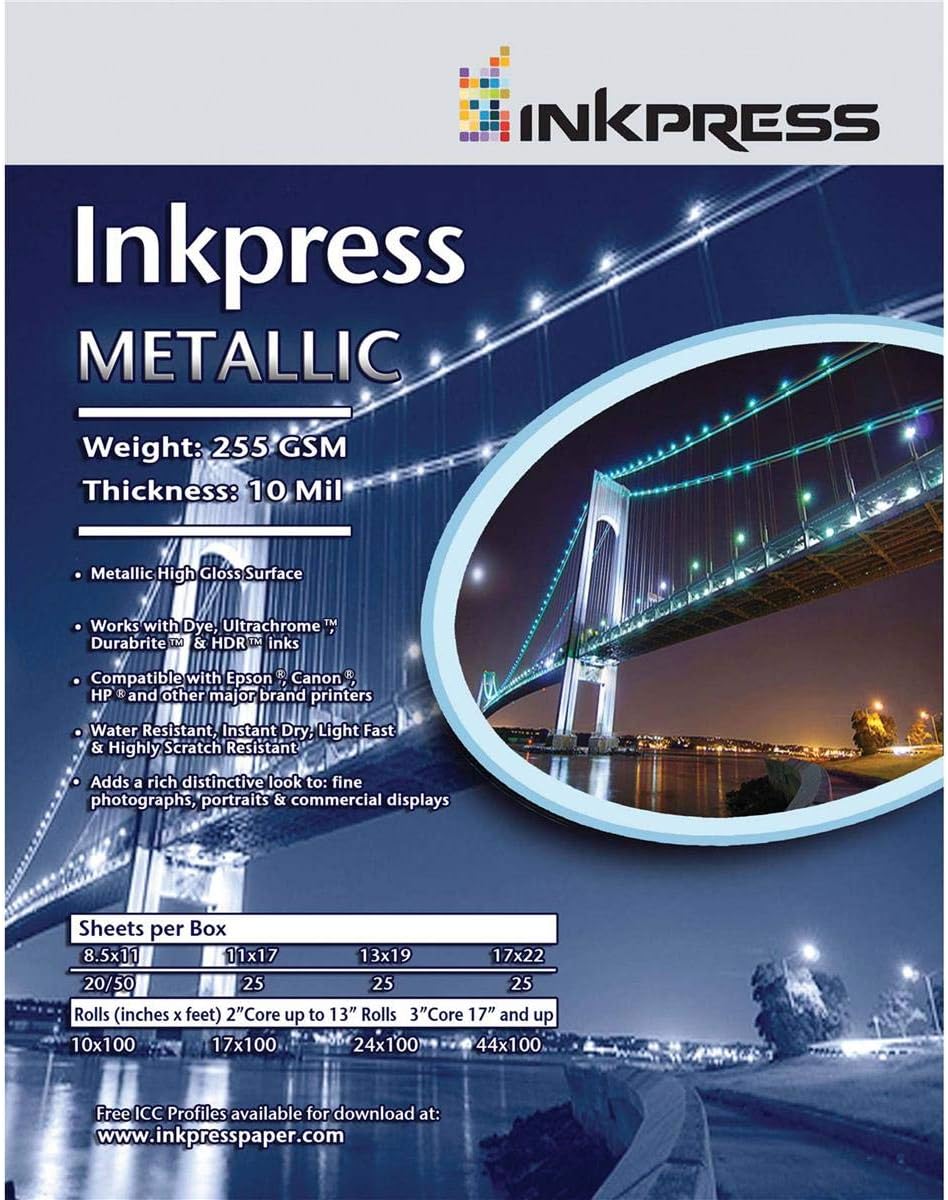 Inkpress Metallic Gloss Inkjet Paper, 255 gsm, 10 mil, Metallic Glossy Surface, 4x6