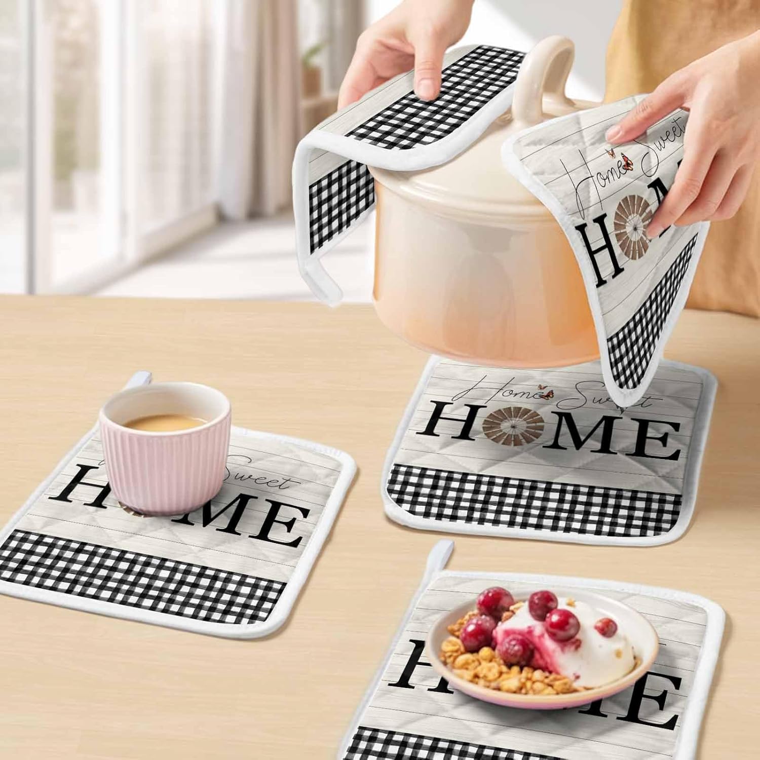 5 Pack Pot Holders for Kitchen, Home Windmill Black Plaid Hot Pads for Kitchen Countertops Oven Pot Holder Bulk, Beige Wooden Farmhouse Heat Insulation Potholders with Hanging Loops