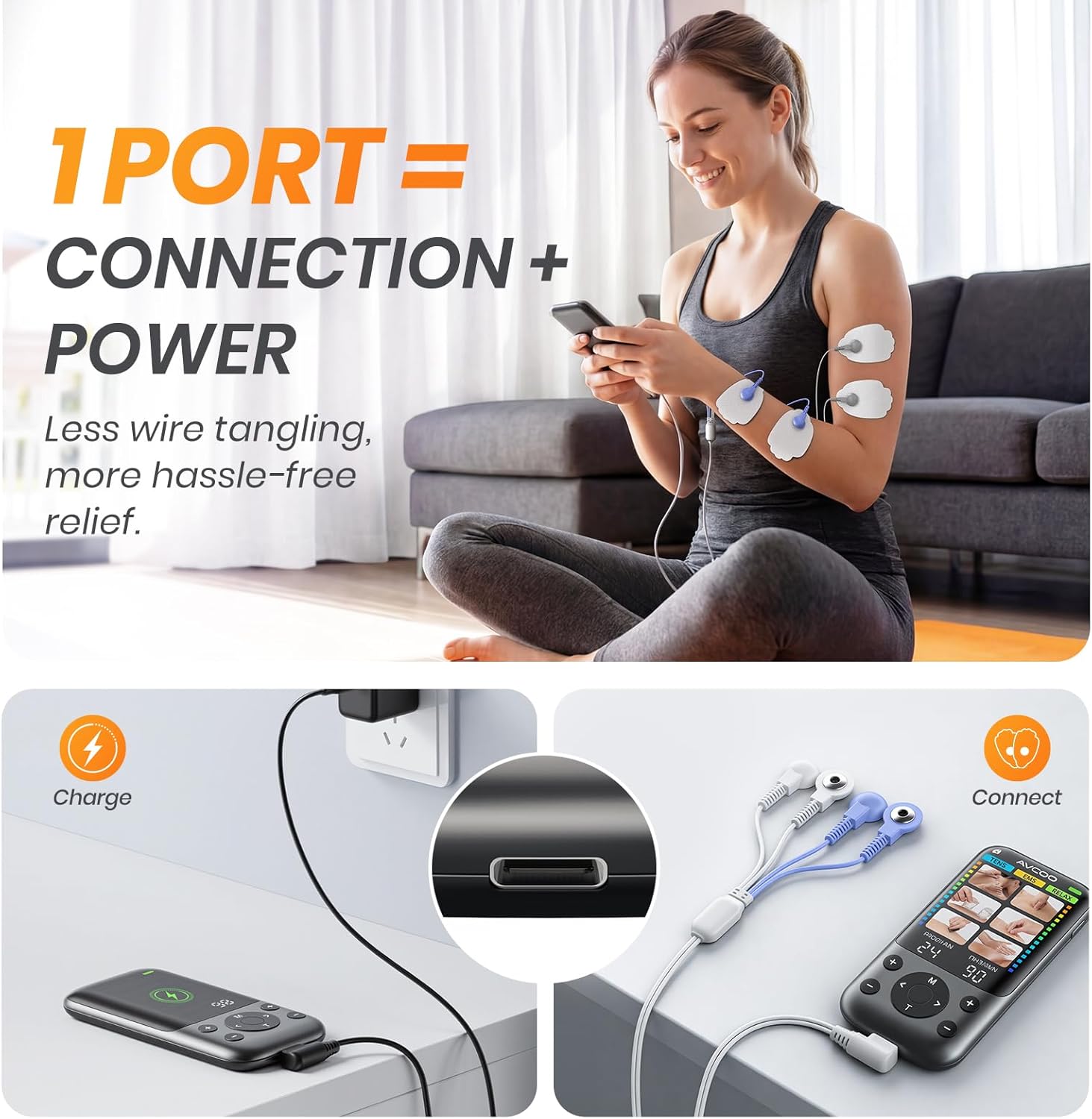 3-in-1 TENS Unit Muscle Stimulator with 24 Modes, Newest Color Display, Innovative Single Type-C Port, Dual-Channel TENS Machine for Shoulder, Back Pain Relief Therapy, EMS Massager Machine, 10 Pads - Image 6