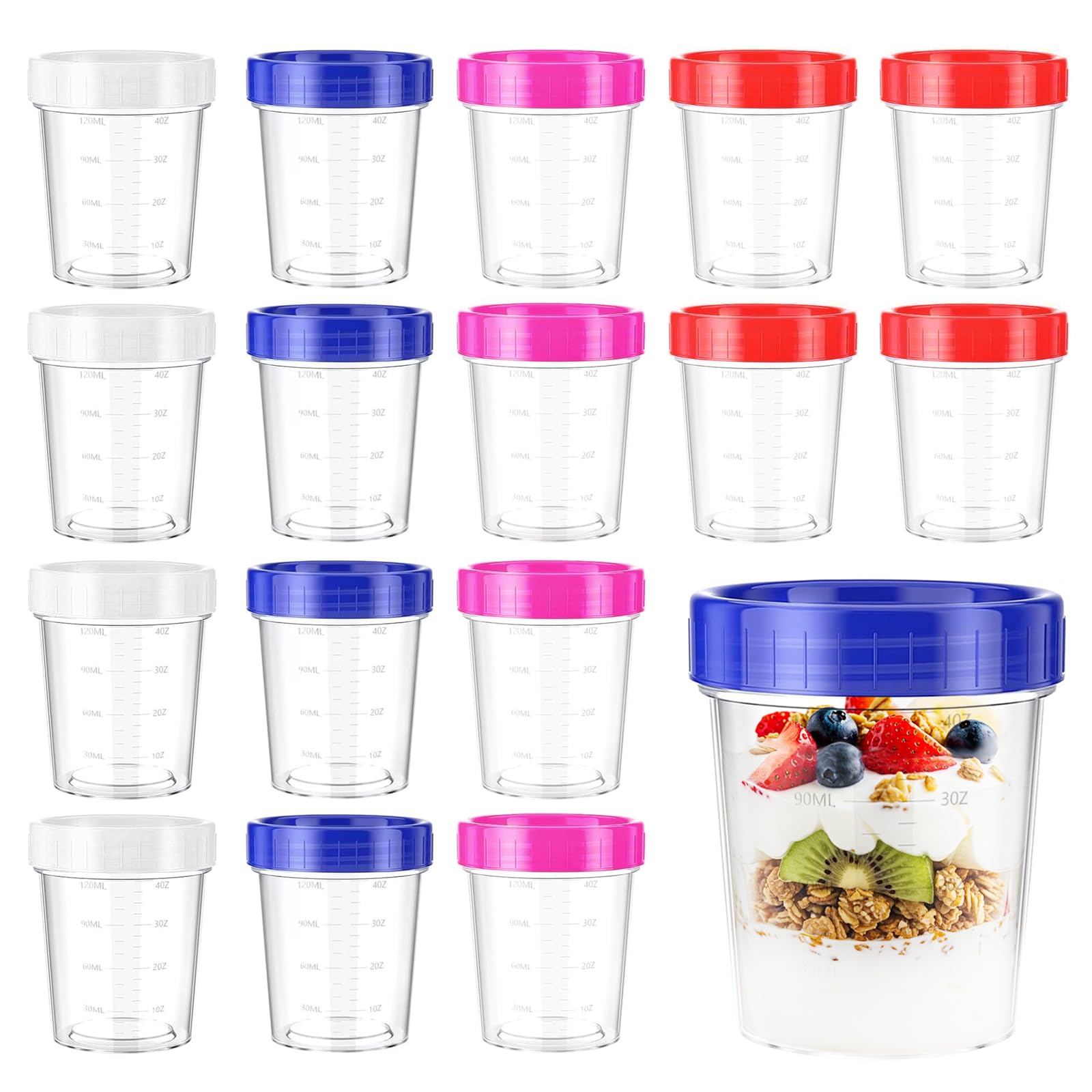 Hiuyavy Blue, White, Pink, Red Salad Dressing Container To Go, 16Pcs Snack Pots To Go, 4Oz/120Ml Sauce Pots With Lids Food Storage Containers, Reusable Plastic Food Container With Lids For Sause Food Yogurt(4 Colors)