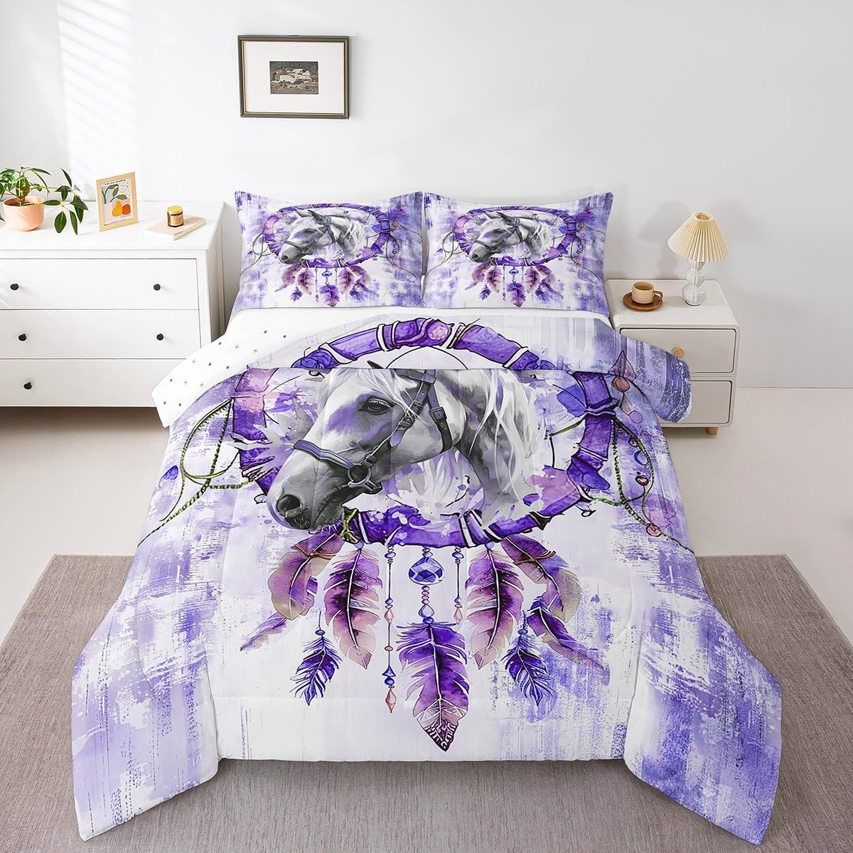 3D Horse Queen Comforter Set for Boys Girls Boho Dreamcatcher Bedding Set Queen, Farmhouse Animal Bedding Comforter Sets Purple Watercolor Duvet Set, Oil Painting Aesthetic Quilted Comforter