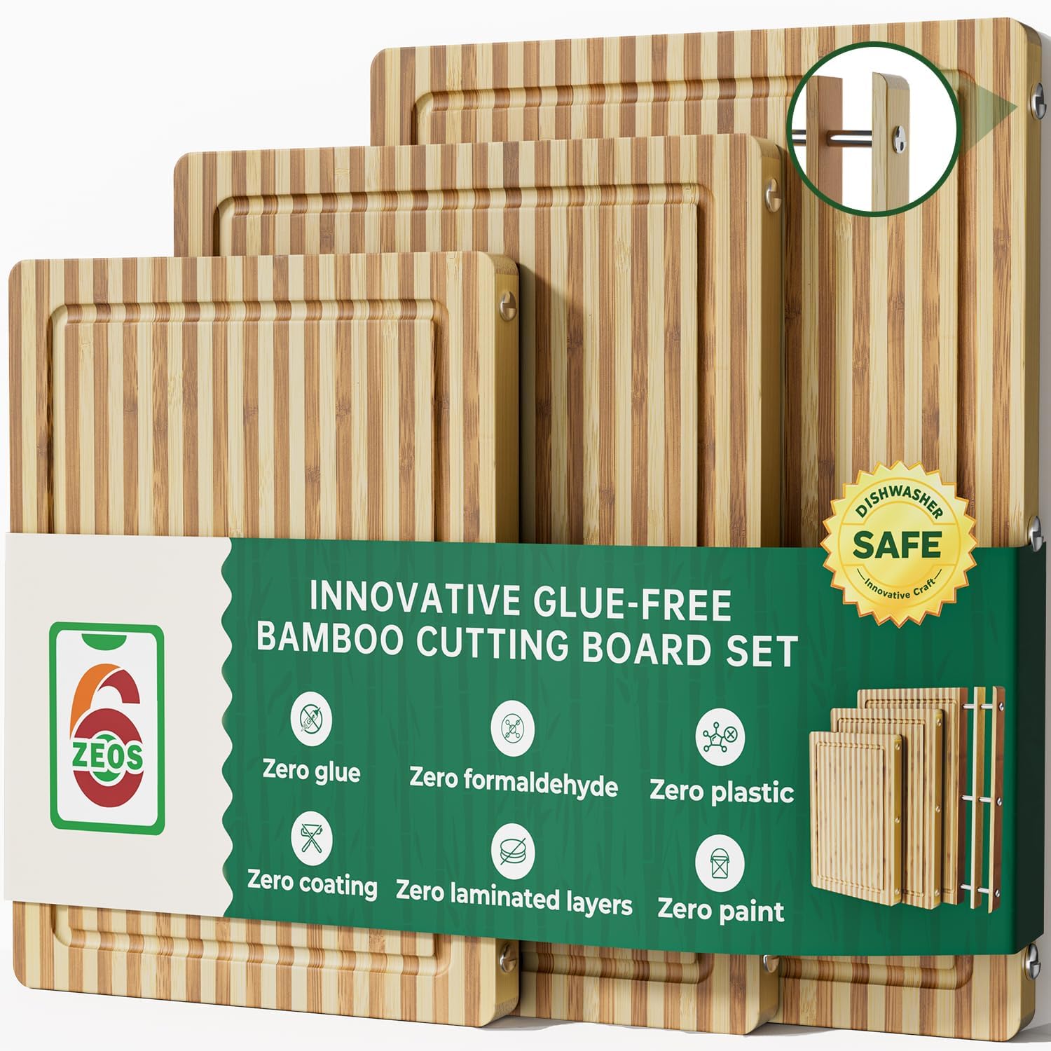 3Pcs Formaldehyde Free, Glue Free, Zebra Bamboo Cutting Board Set