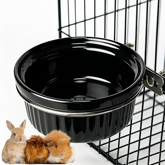 Rabbit Hanging Ceramic Bowl, Removable Cage Feeder Thick Ceramic Bowl with Stainless Steel Support Ring Pet Water Food Bowl for Small Animal Chinchilla Ferret Small Dog & Cat (4.92 * 1.97) (Black)