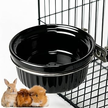 Rabbit Hanging Ceramic Bowl, Removable Cage Feeder Thick Ceramic Bowl with Stainless Steel Support Ring Pet Water Food Bowl for Small Animal Chinchilla Ferret Small Dog & Cat (4.92 * 1.97) (Black)