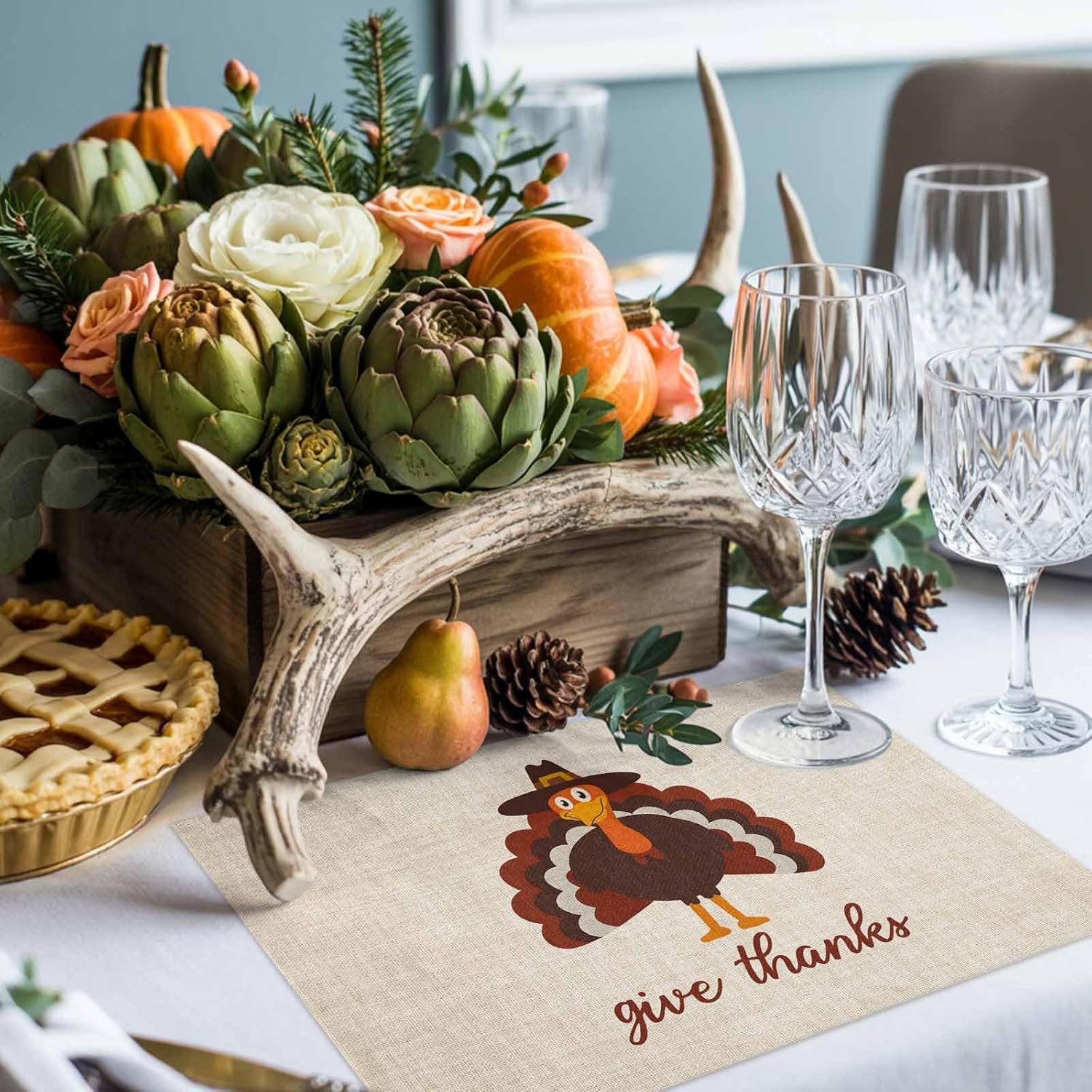 LooPoP Placemats Set of 4 Washable,Give Thanks Placemat for Dining Table Decorations, Heat-Proof Table Mats for Kitchen Dinner Banquet Thanksgiving Turkey