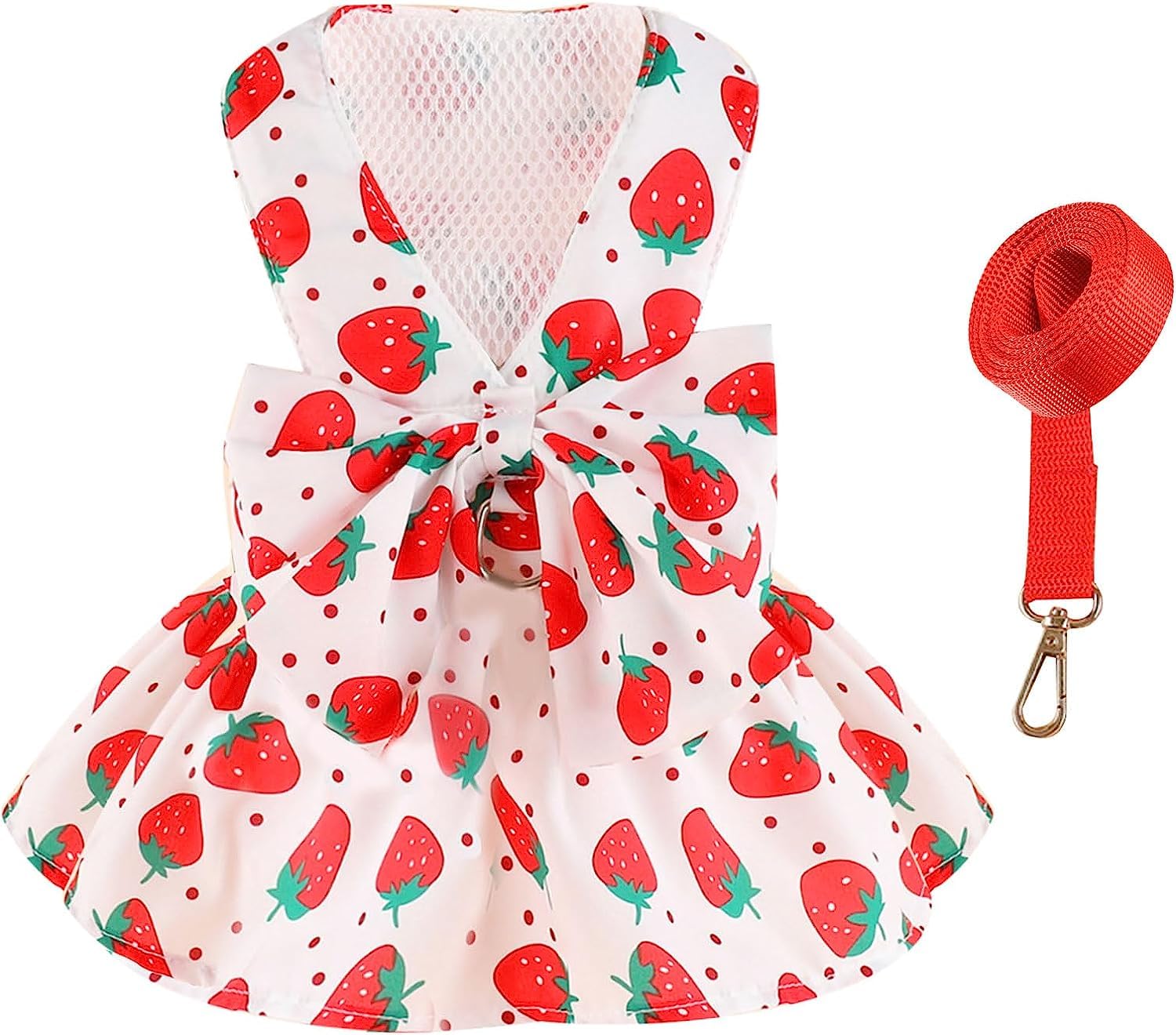 KUTKUT Dog Harness Dress for Small Dogs Puppy Kitten Harness and Leash Set with Cute Bowknot Straberries Pattern Princess Dress for Chiuhuahua, Yorkshire, Toypom Cats etc (Size:S, Chest: 35cm)-image-46