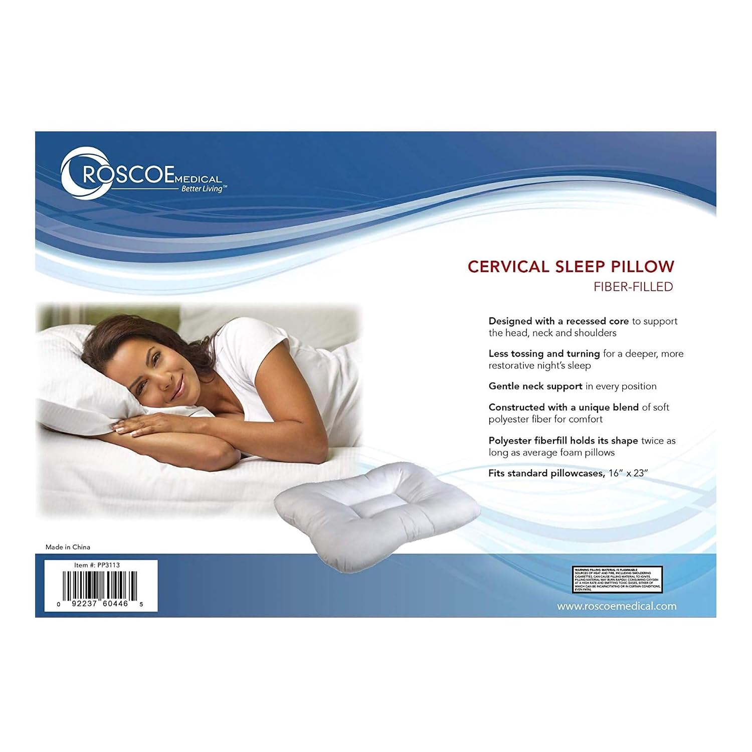 Roscoe Medical Cervical Pillow 16 X 23 Inch White PP3113, 1 Ct