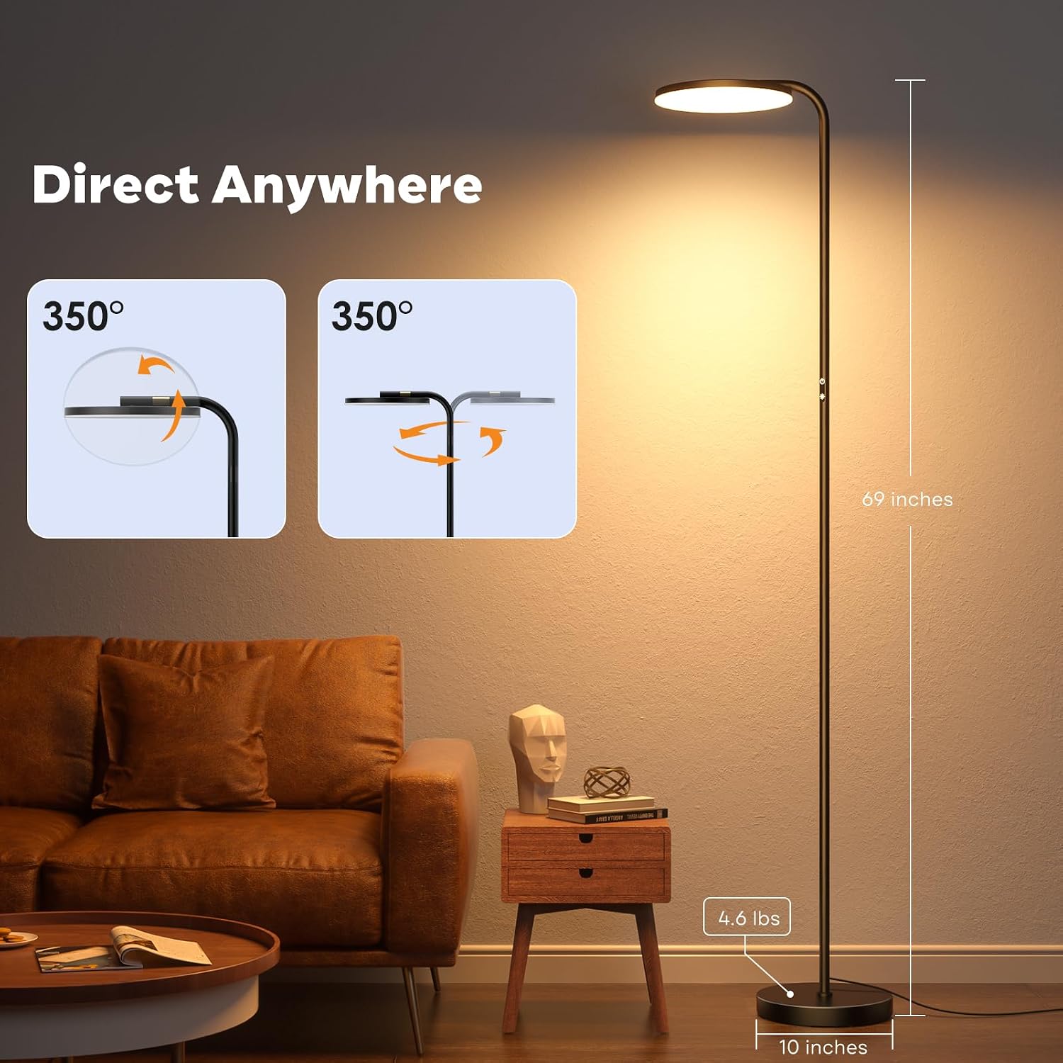 SIBRILLE 36W LED Floor Lamp with its head rotated to different angles, demonstrating 350-degree adjustability.