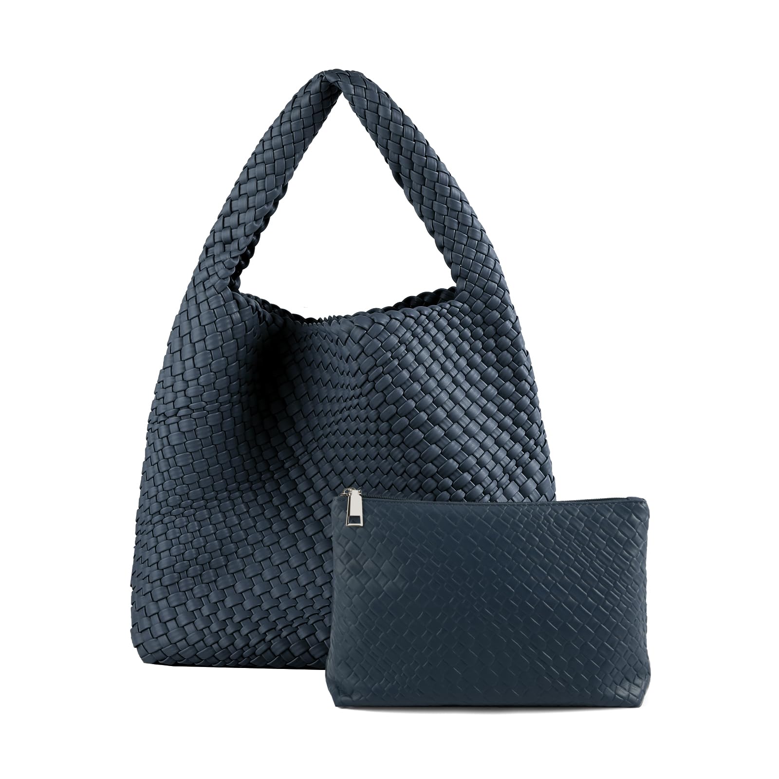 Woven Tote Bag For Women,Vegan Leather Hand Woven Handbags And Purse,Shoulder Bag Top-Handle Bag All-Match Underarm Bag (Navy Blue)