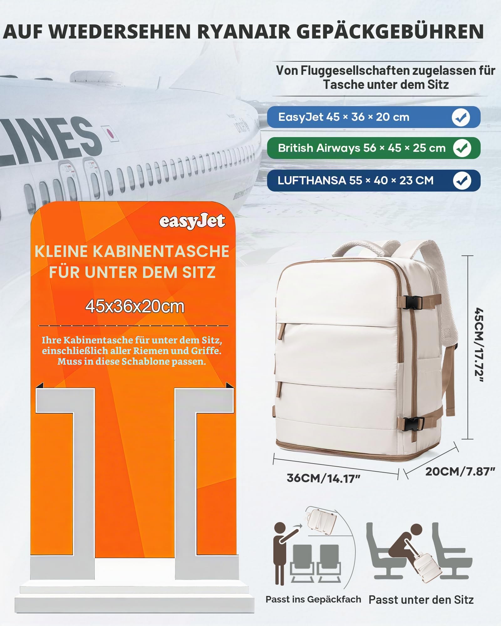 HPLQQ Handgepäck Rucksack 45x36x20 für Easyjet Reiserucksack Tagesrucksack