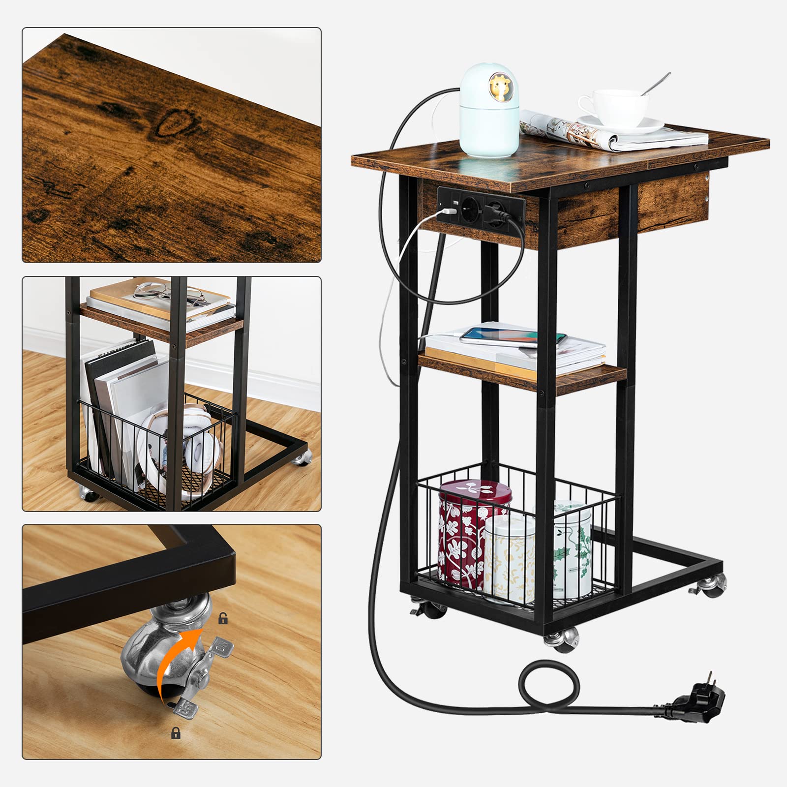 HOOBRO Table d'Appoint avec Station de Charge, Table Basse Pliante en Forme de C avec roulettes et Étagère de Rangement, Ports USB et Prises de Courant, pour Salon, Marron Rustique EBF022SF01G1
