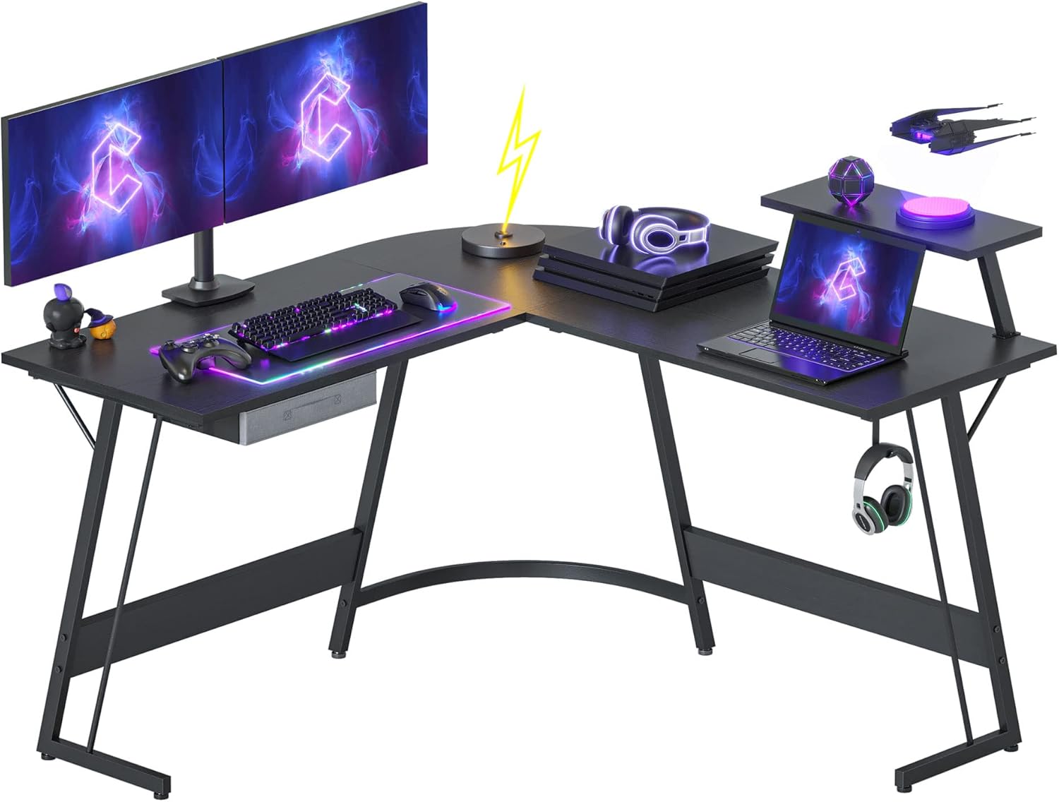 One-Day Sale: Up to 60% Off CubiCubi L Shaped Gaming Desk, 51.2 Home Office Gaming Desk, Corner Desk with Large Monitor Stand, Non-Woven Drawer, Black
