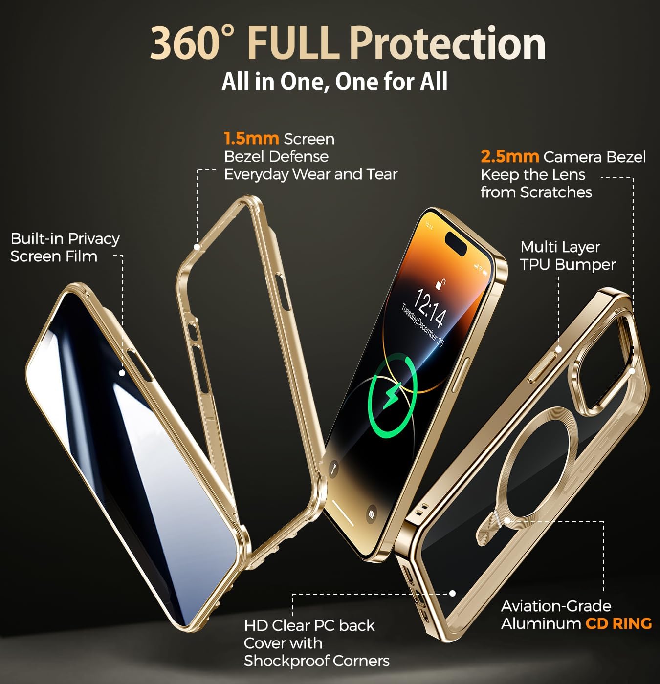 [CD Metal Ring Stand + Built-in Privacy Screen Protector] Magnetic Case for iPhone 14 Pro Max 6.7" [Soft Bumper Full Signal] [Compatible with MagSafe] 9H Glass Full Body Shockproof Clear Case, Gold - Image 7
