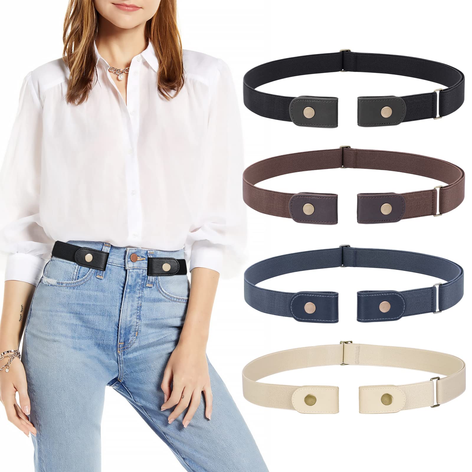 4 Pieces No Buckle Elastic Stretch Belts for Men Women, Comfortable Buckle Free Invisible Belts for Jeans Pants-image-42