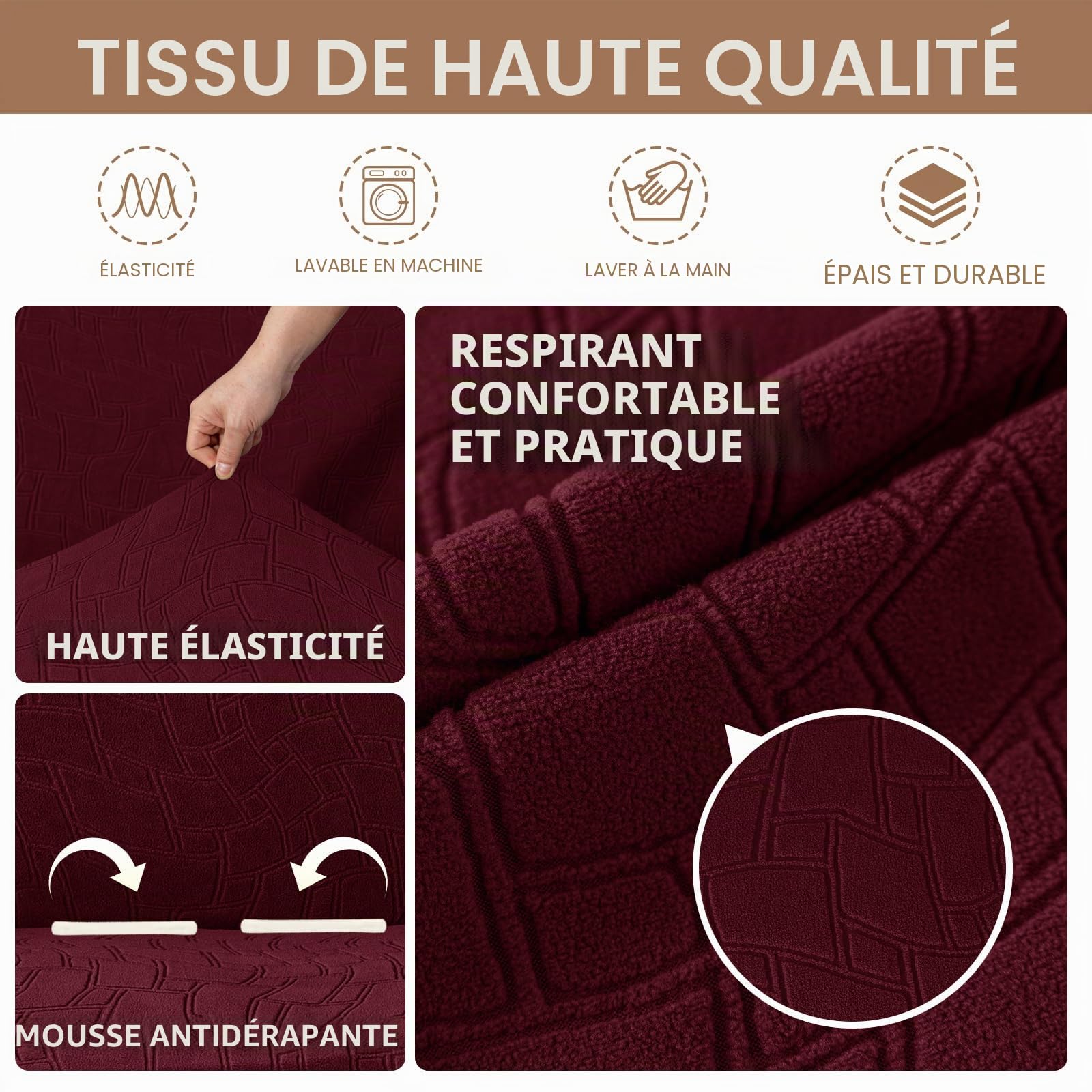 Ystyle Housse Canapé 3 Places, Housse De Canapé Extensible Universelle, Couverture Canape Antidérapante Lavable, Protege Canape Chien Chat, Protection Canapé avec Accoudoirs, Bourgogne