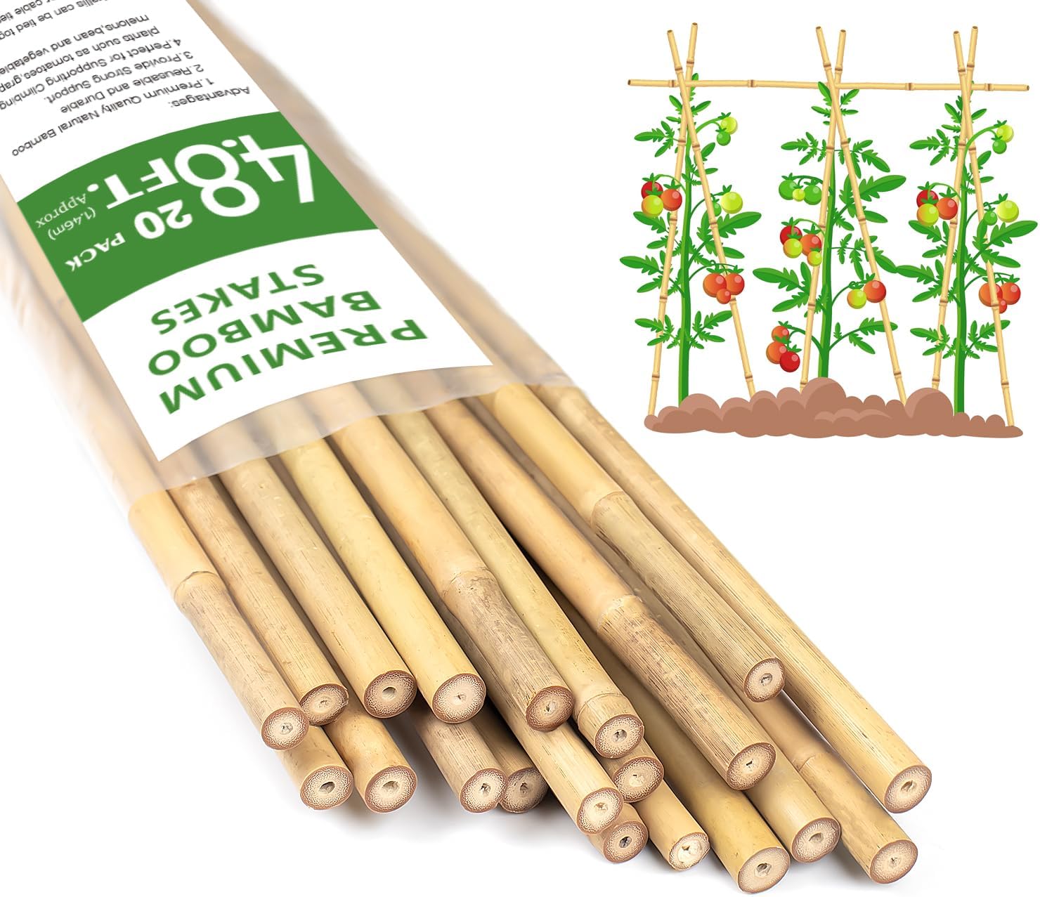 Plant Stakes 4.8FT, Natural Bamboo Stakes, HAINANSTRY 20Pcs Sturdy Bamboo Garden Stakes, Bamboo Sticks for Plants, Beans, Indoor and Outdoor Climbing Plants, Tomato Vegetable Stakes for Garden