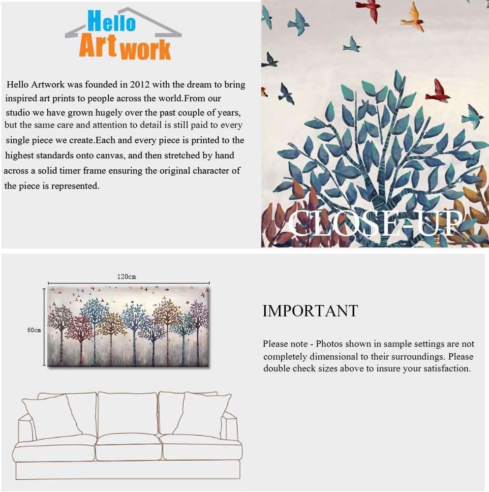 iHAPPYWALL Large Abstract Tree And Birds Canvas Wall Art Flying Birds over Colorful Forest Picture Print on Canvas Stretched and Framed For Living Room Bedroom Office Decor 24x48inch