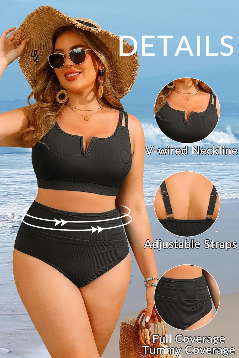 Women Plus Size High Waisted Bikini - Ribbed Two Piece Swimsuit Tummy Control Bathing Suit V-Wired 2025 Swimwear - Image 3