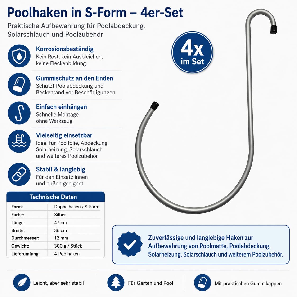 S-förmige Poolhaken 4 Stück, je 47 cm lang ideal für Aufstellpool als Halterung für Solarmatte, Poolabdeckplane, Pool-Abdeckung oder Pool-Zubehör, Gartenhaken, Speicherhaken