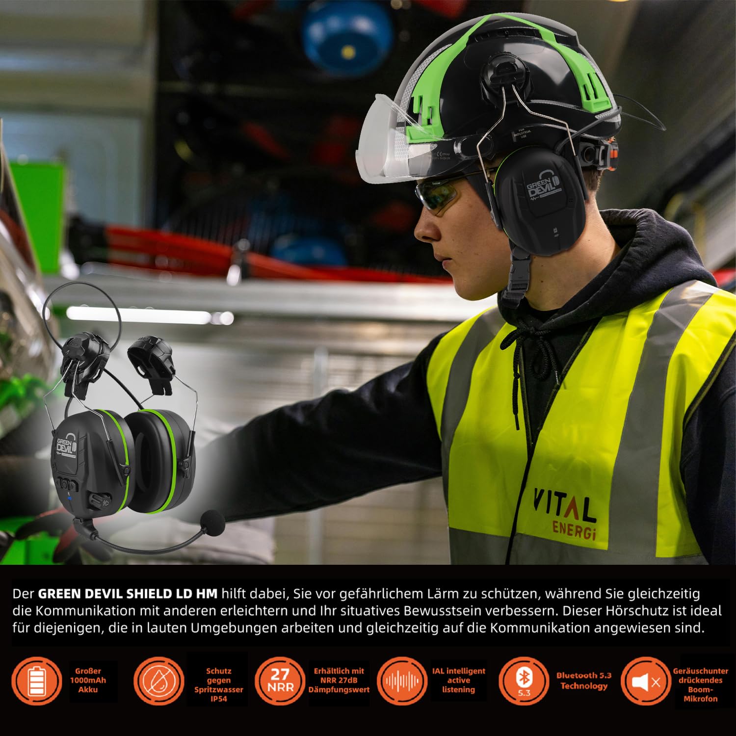 GREEN DEVIL Shield LD, protección auditiva activa con tecnología Bluetooth 5.3 y micrófono integrado compatible con EN352 SNR 32 dB para corte y ruido