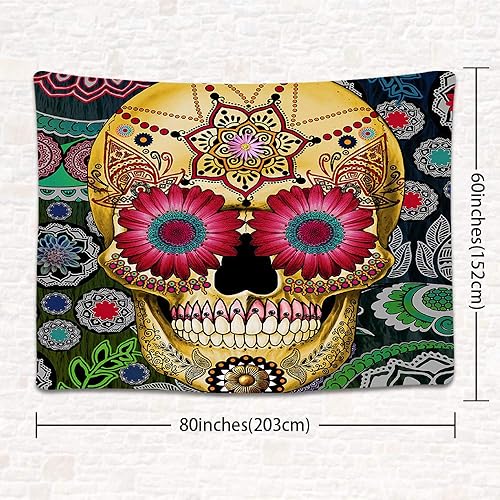 Miniatura 2 de UHOMETAP Tapiz de calavera de azúcar, tema del Día de los Muertos, arte de pared bohemio con flores, decoración del hogar, tapices para dormitorio,