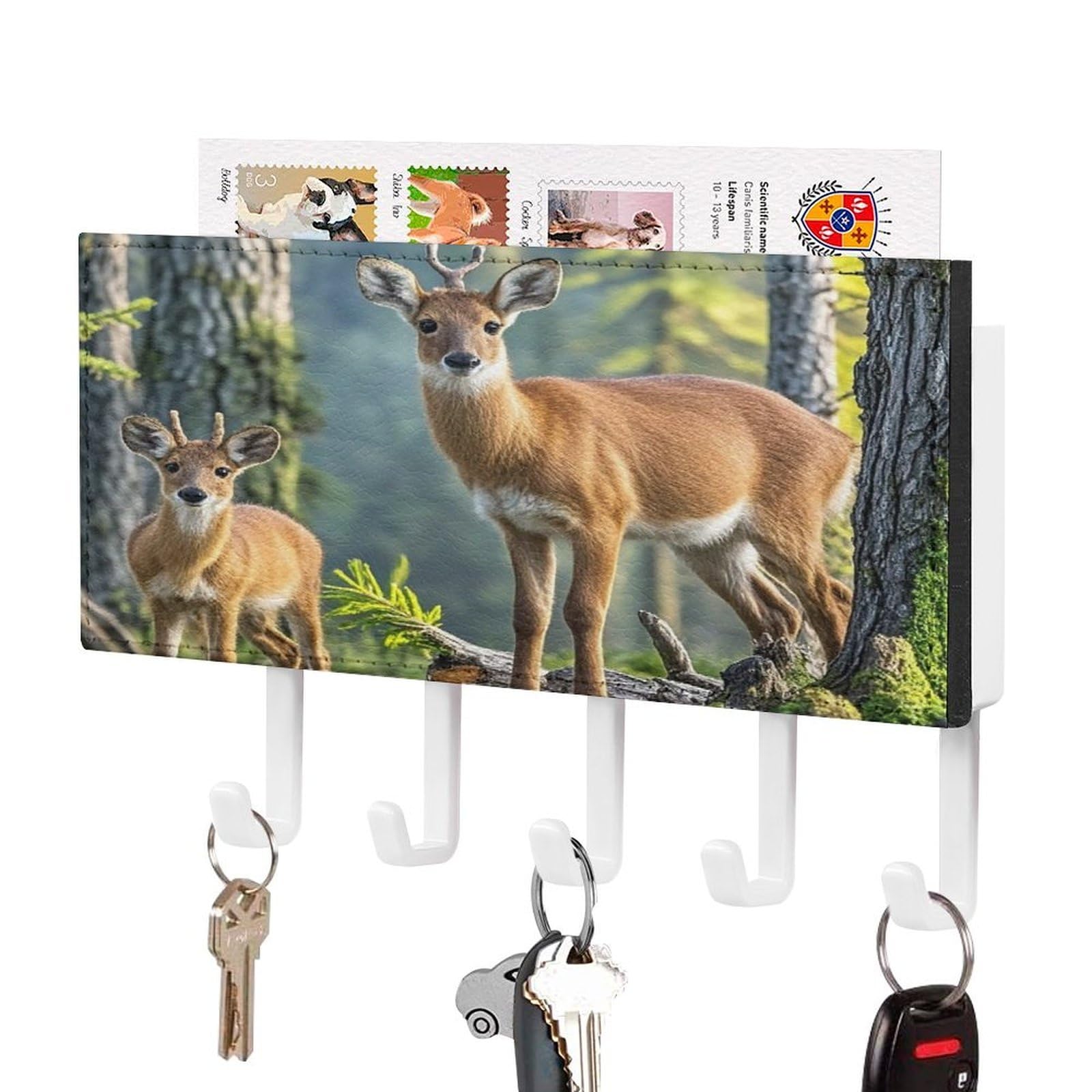 FekiLoot Animals and Woodland Key Holder Wall Mount Key and Mail Holder Key Hanger with 5 Hooks Decorative PU Key Rack Hanging Key Hooks for Wall Living Room Kitchen Bathroom Hallway White-Style