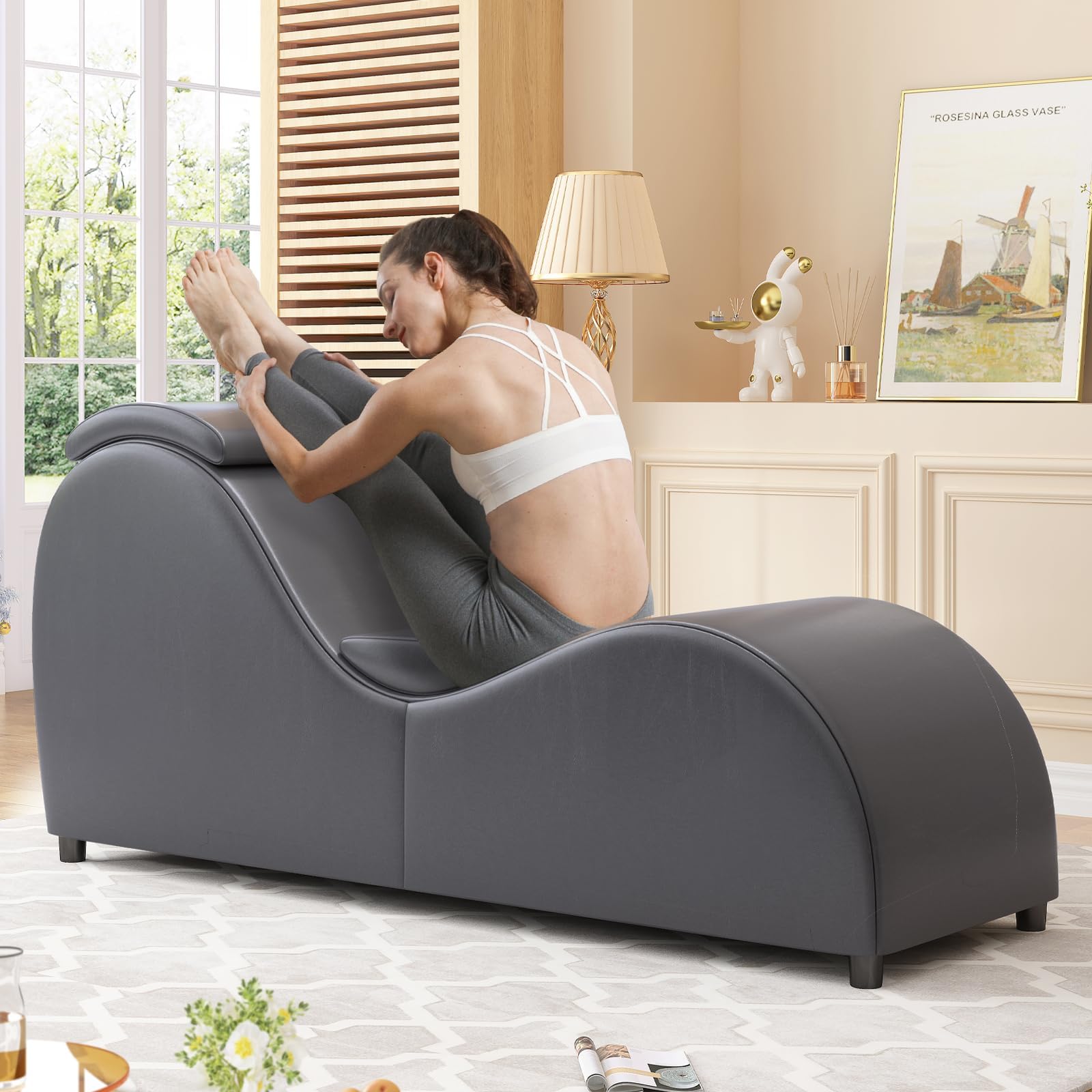 Mjkone Curved Yoga Chair Chaise Lounge for Adults Stretching Exercising Relaxing, Faux Leather Fabric Yoga Sofa Indoor Small Lounge Chair for Living Room, Apartment, Office, Dark Grey