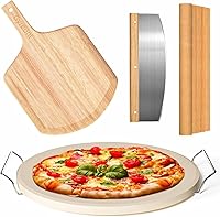 Gyreuni 13-Inch Round Pizza Stone Set - 5PCS Cordierite Baking Stone with Oak Peel, Serving Rack, Cutter & Parchment for Oven Grill
