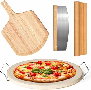 Gyreuni 13-Inch Round Pizza Stone Set - 5PCS Cordierite Baking Stone with Oak Peel, Serving Rack, Cutter & Parchment for Oven Grill