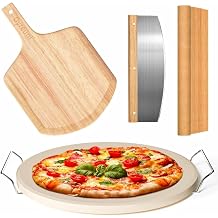Gyreuni 13 Pizza Stone for Oven and Grill with Pizza Peel, Baking Stone Set | Complete baking stone set13'' pizza stone, pizza peel, serving rack, pizza cutter and cooking paper for pizza, bread,BBQ