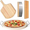 5 PCS Round Pizza Stone Set, 13" Pizza Stone for Oven and Grill with Pizza Peel(OAK),Serving Rack, Pizza Cutter & 10pcs Cooking Paper for Free, Baking Stone for Pizza, Bread