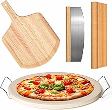 5 PCS Round Pizza Stone Set, 13" Pizza Stone for Oven and Grill with Pizza Peel(OAK),Serving Rack, Pizza Cutter & 10pcs Cooking Paper for Free, Baking Stone for Pizza, Bread