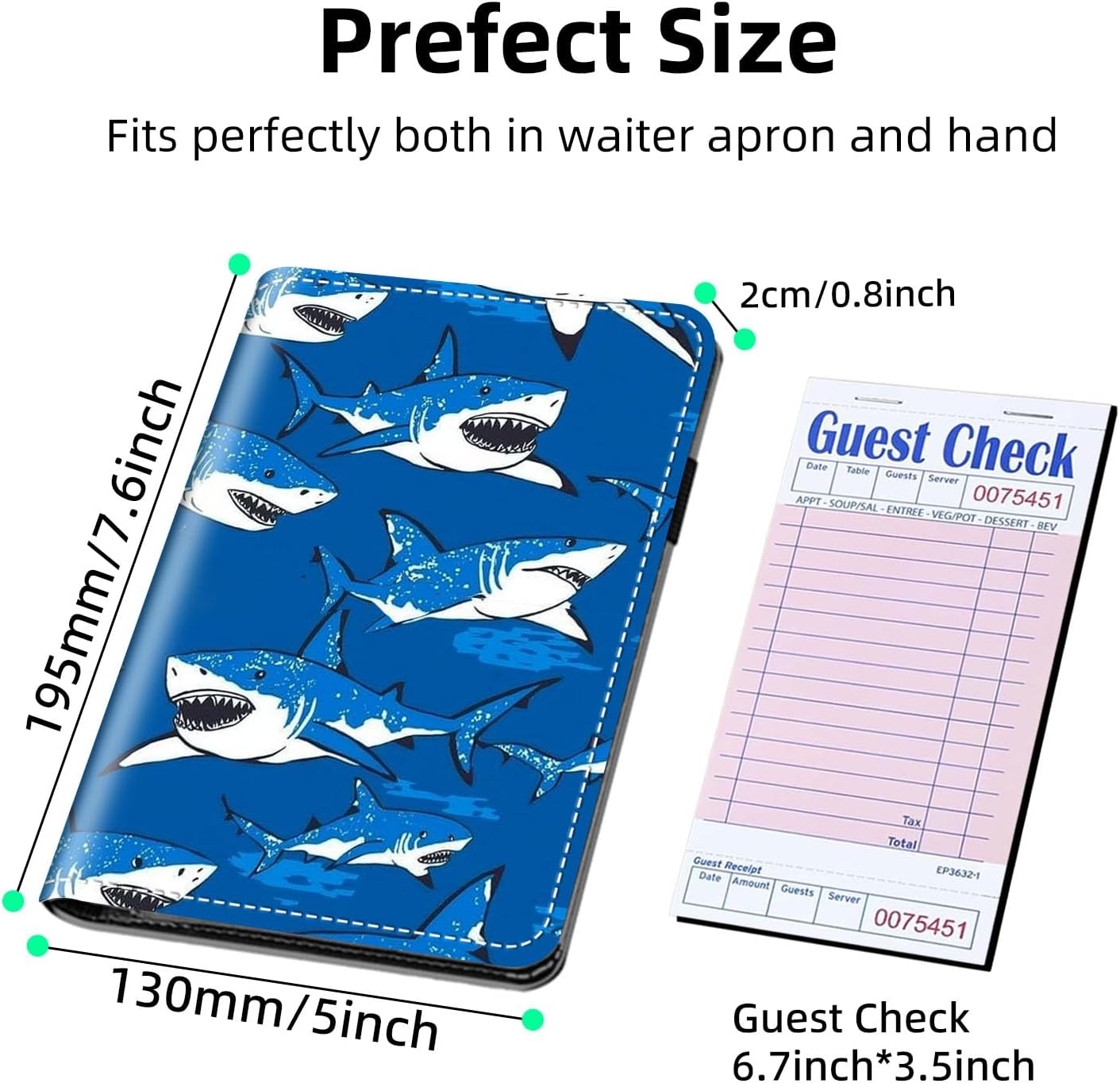 Sharks - Server Books for Waitress - Cute Server Guest Book with Zipper Pocket & Note Pad Holder | PU Leather Waiter Book Organizer, Fit for Apron - Server Wallet