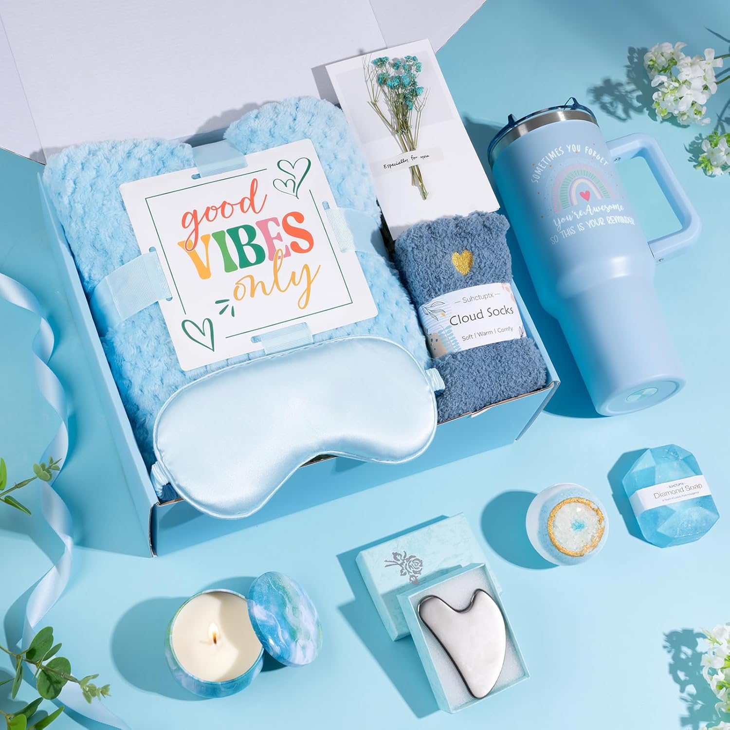 Suhctuptx Birthday Gifts for Women, Unique Self Care Gifts Get Well Soon Basket, Christmas Relaxing Spa Gift Care Package w/Flannel Blanket 40 oz Tumbler, for Mom Her Sister Friend - Image 2