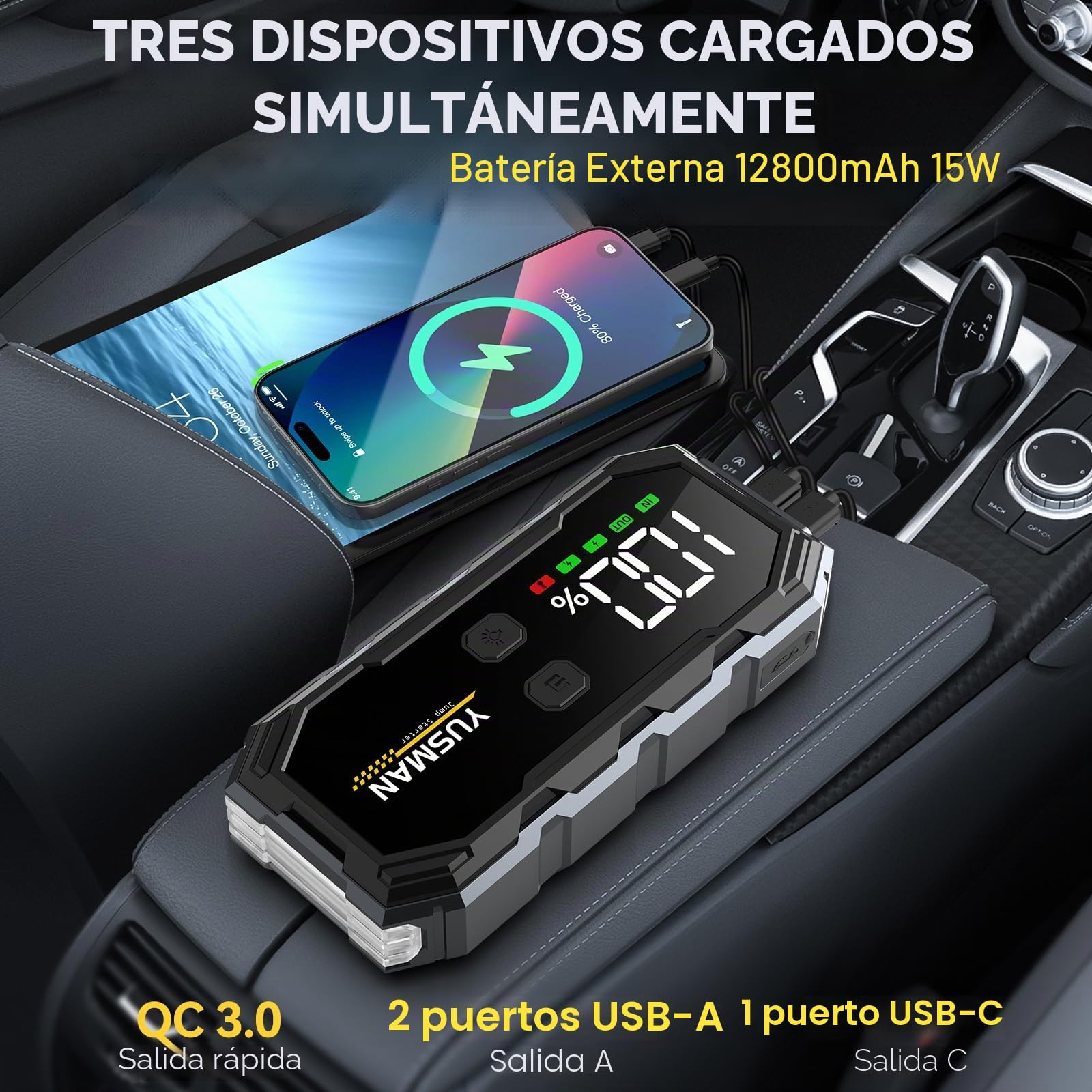 YUSMAN Arrancador de Coches,5000A Arrancador de Baterias de Coche,12V Portátil Coche con para 8L Gasolina o 6L Diesel, Linterna LED de Emergencia,Carga Rápida,Pantalla LCD Extragrande