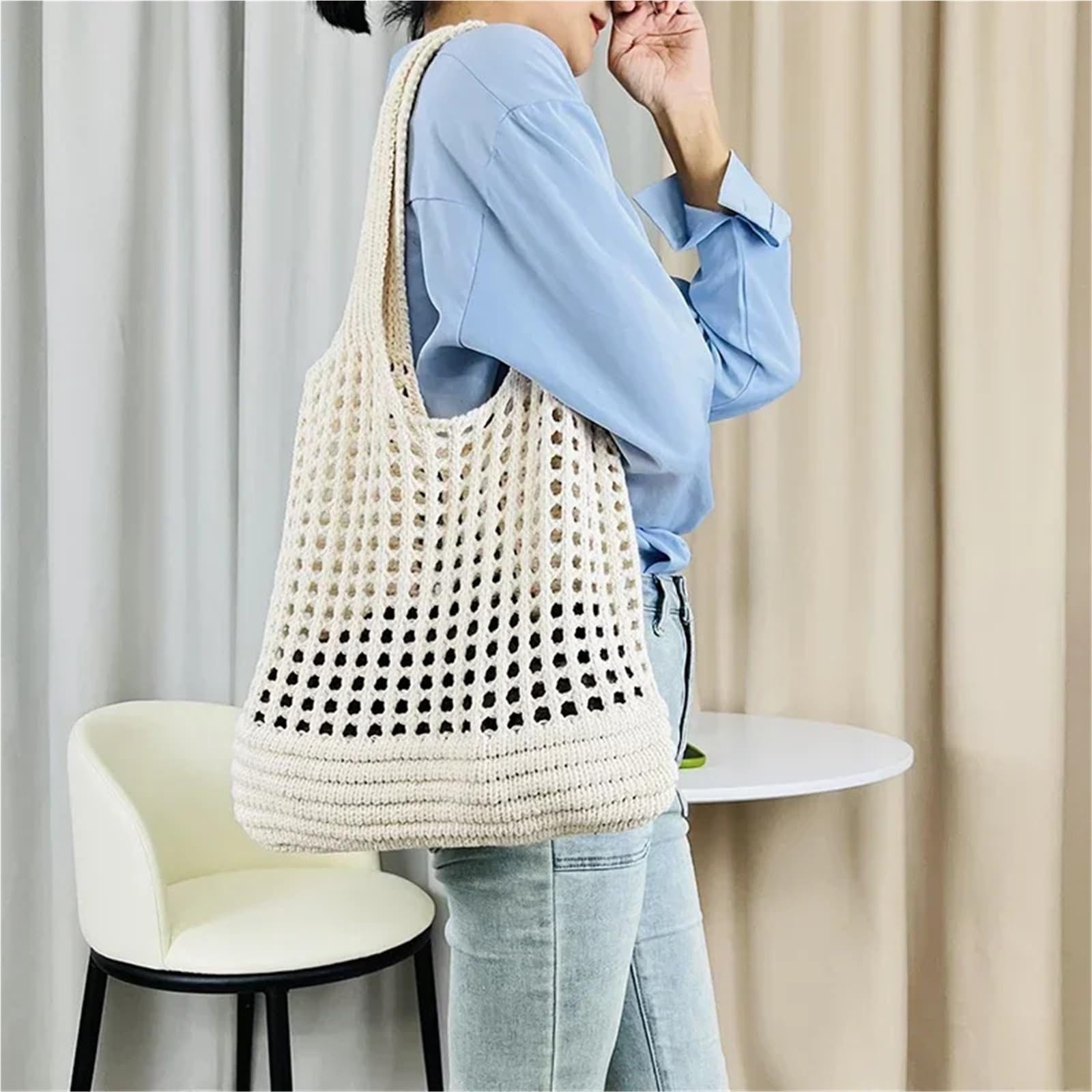 Bolsa De Ganchillo Bolso de Hombro Hueco de Punto for Mujer, Bolso de Compras de Ganchillo de Gran Capacidad, Bolso de Playa Informal for Vacaciones para Mujer(Khaki)