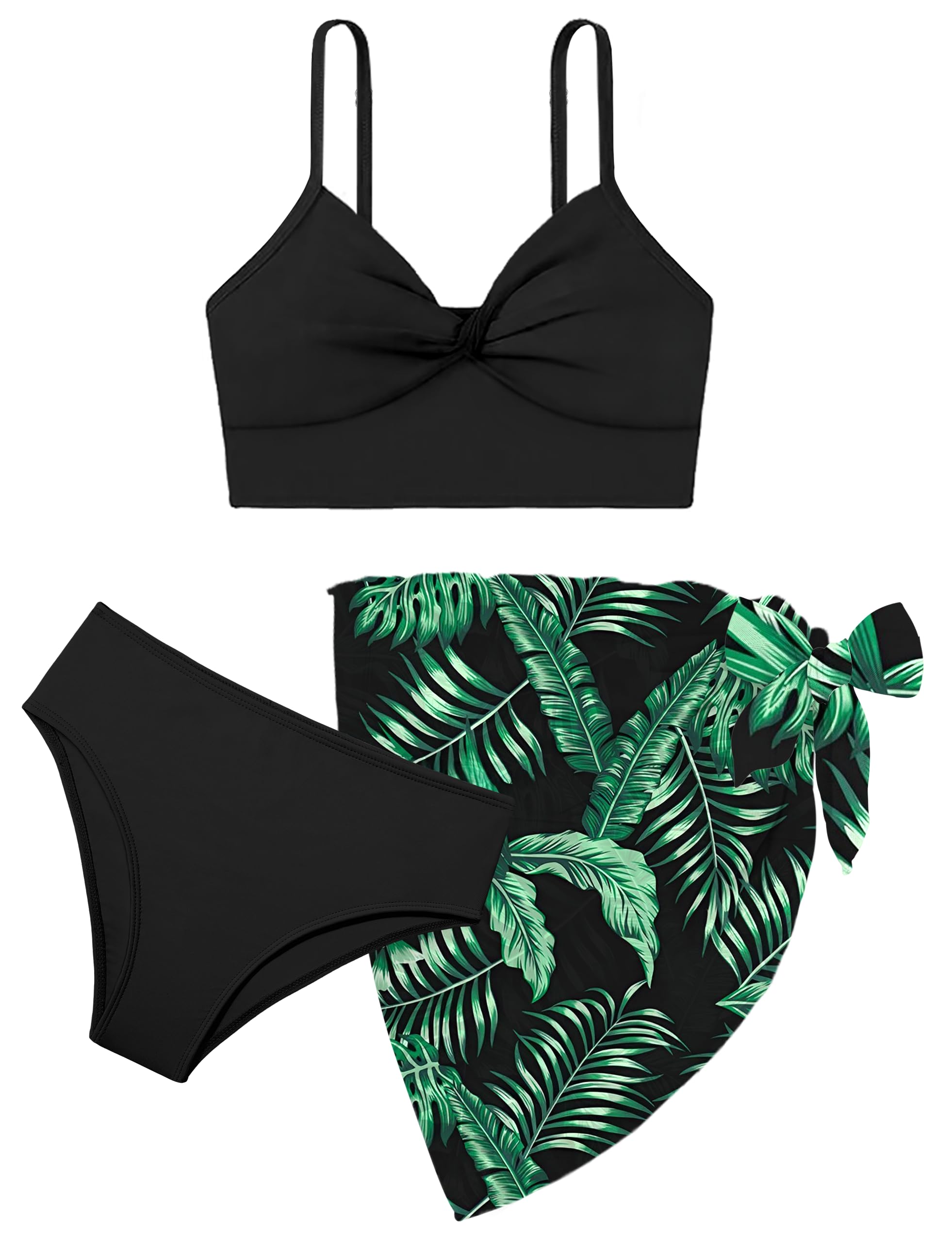 MIGU Girls Bathing Suits Size 8-10 Black Twist Cross Tropical Floral Adjustable Double Shoulder Straps 3 Piece Bikini Girls Swimsuit Swimwear with Cover Up