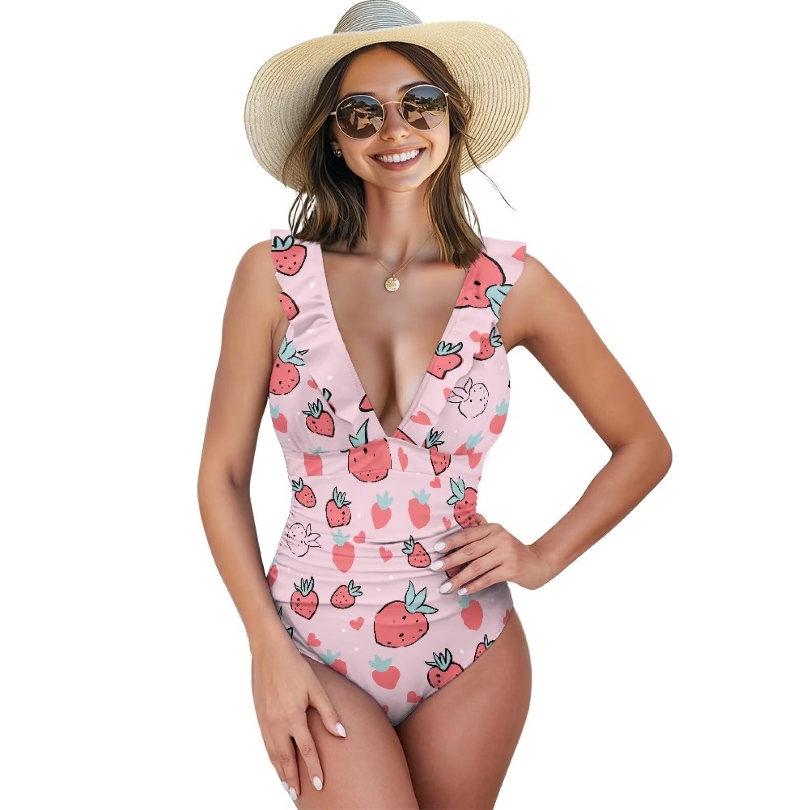 Tummy Control One-Piece Swimsuit for Women Ruffle V-Neck Swimwear with Padded Sexy Holiday Bathing Suit Beachwear