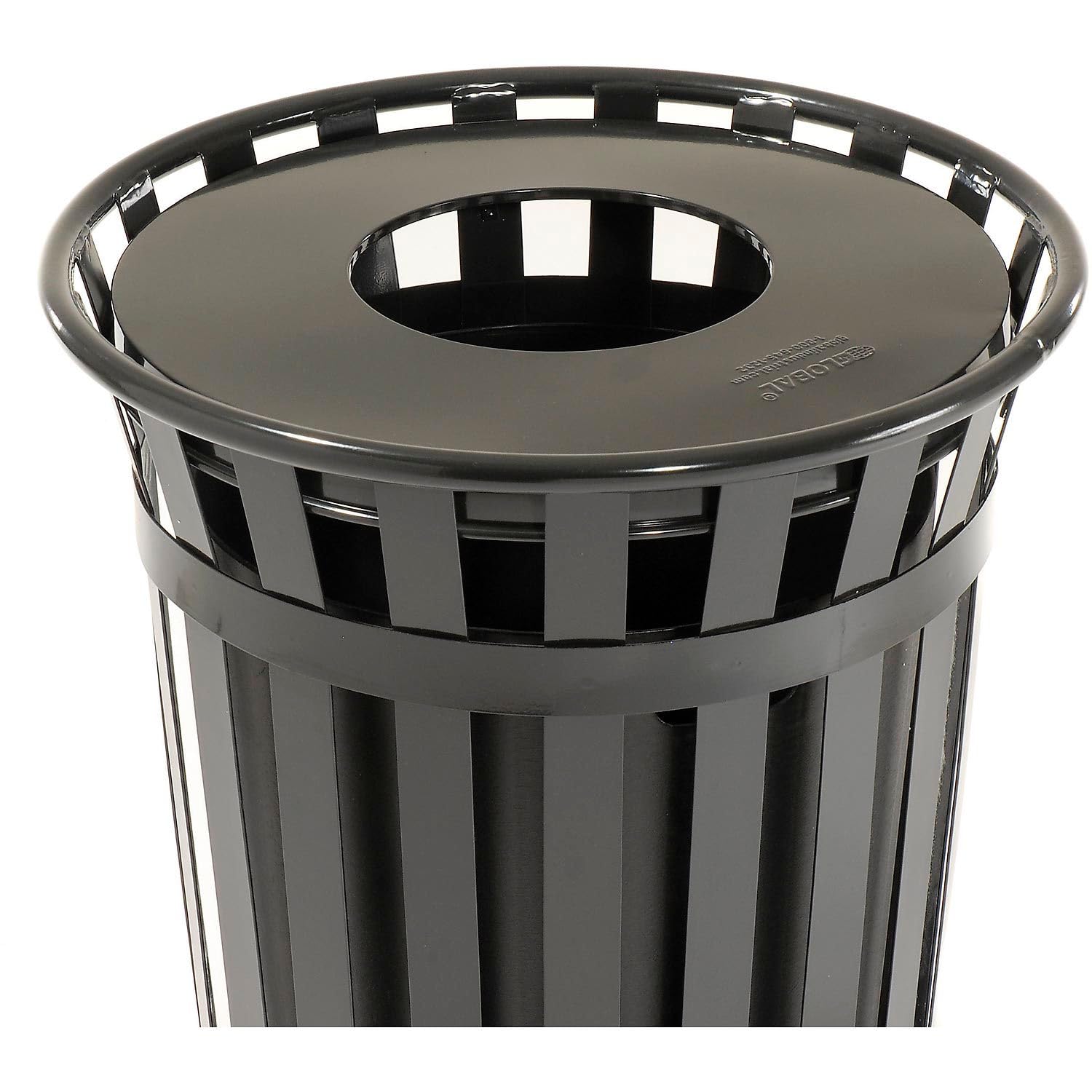 Global Industrial 36 Gallon Outdoor Slatted Steel Round Trash Can with Flat Lid, Plastic Liner & Anchor Kit Included, 28" W x 36" H, Commercial & Industrial Trash Can, Black