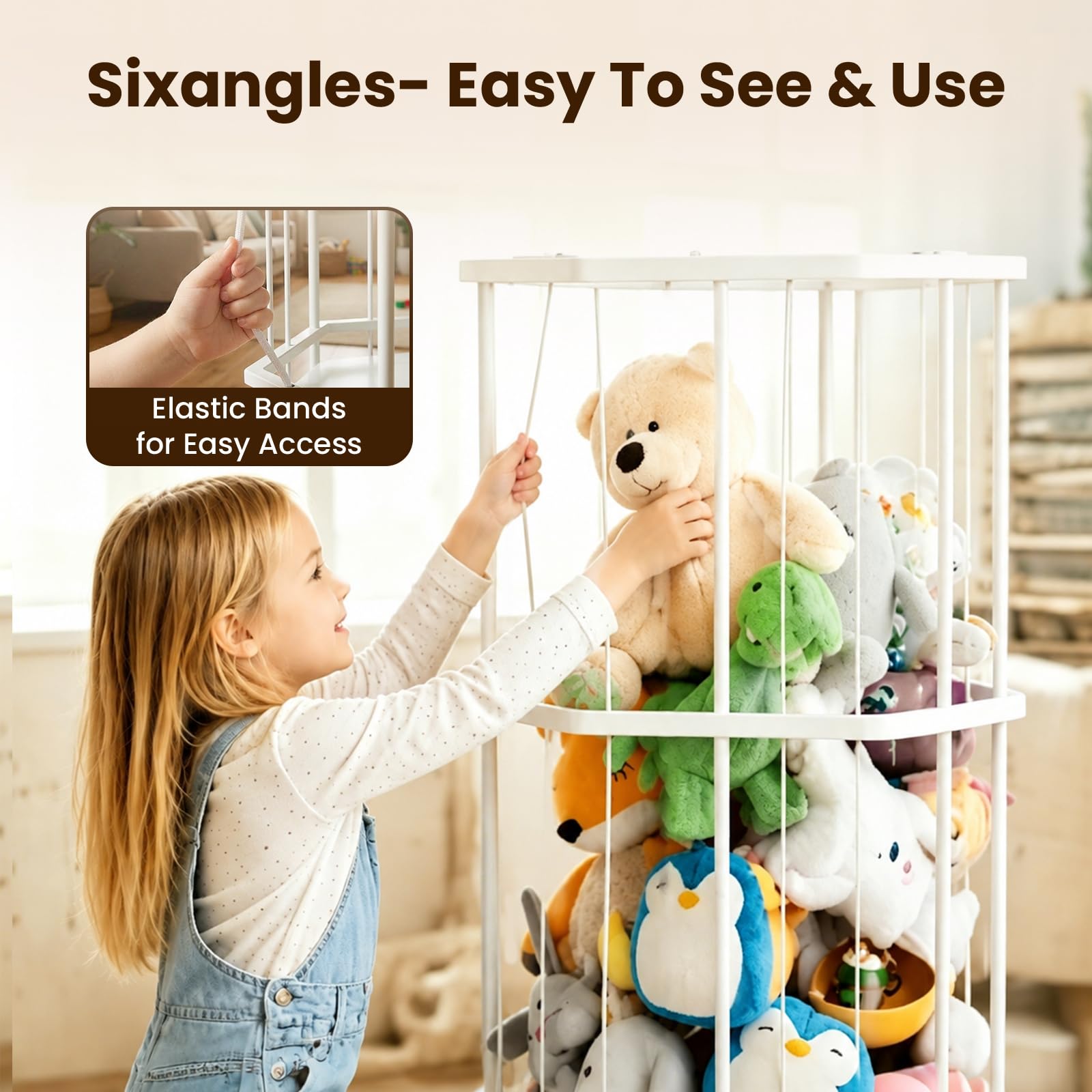 Almacenamiento de juguetes suaves, almacenamiento de animales de peluche, almacenamiento de juguetes de peluche con red de malla, tubo organizador de juguetes de peluche con ruedas de freno, jaula de