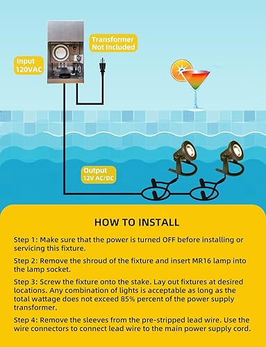 Miniatura 6 de COLOER Luces subacuáticas de latón (bronce) con bombilla LED MR16 de 12 V, luces de fuente de bajo voltaje, IP68, impermeable, cobre, iluminación de