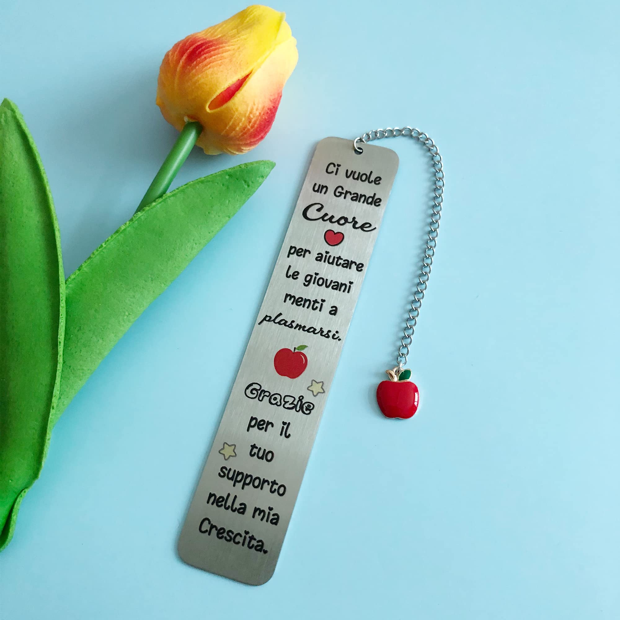 Segnalibro Per Insegnanti - Acciaio Inossidabile, Con Ciondolo Mela E Citazione