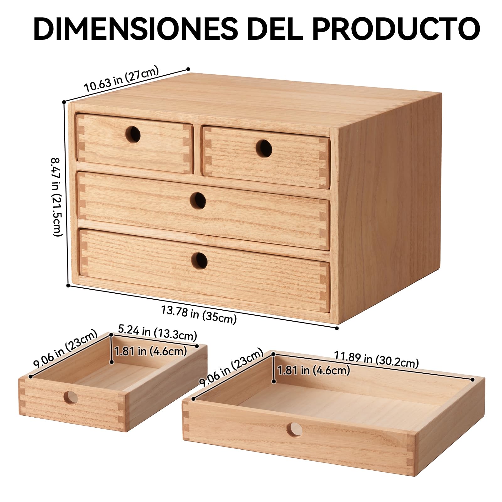KIRIGEN Cajas de Madera para cajones Planos de Archivos, Cajas de Almacenamiento con Compartimentos, Montaje sin Herramientas 3 Niveles/4 cajones Color Natural