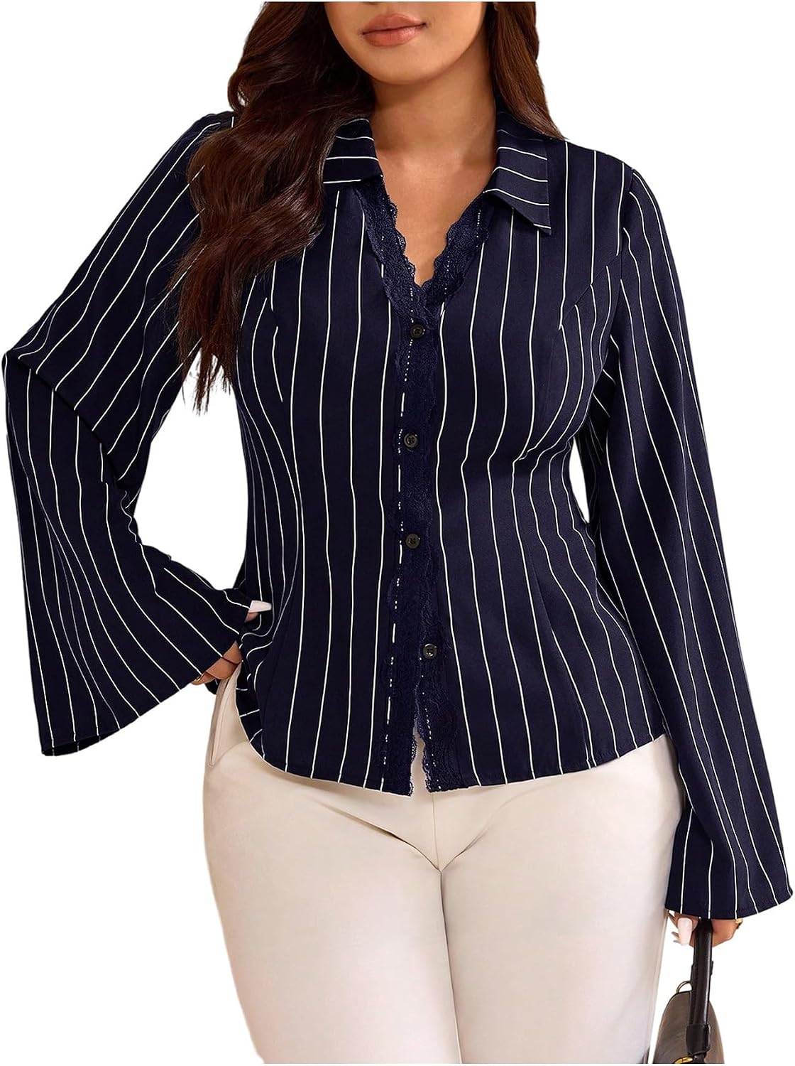 SOLY HUX Women's Plus Size Button Down Shirt Collared V Neck Bell Long Sleeve Casual Work Blouse Tops