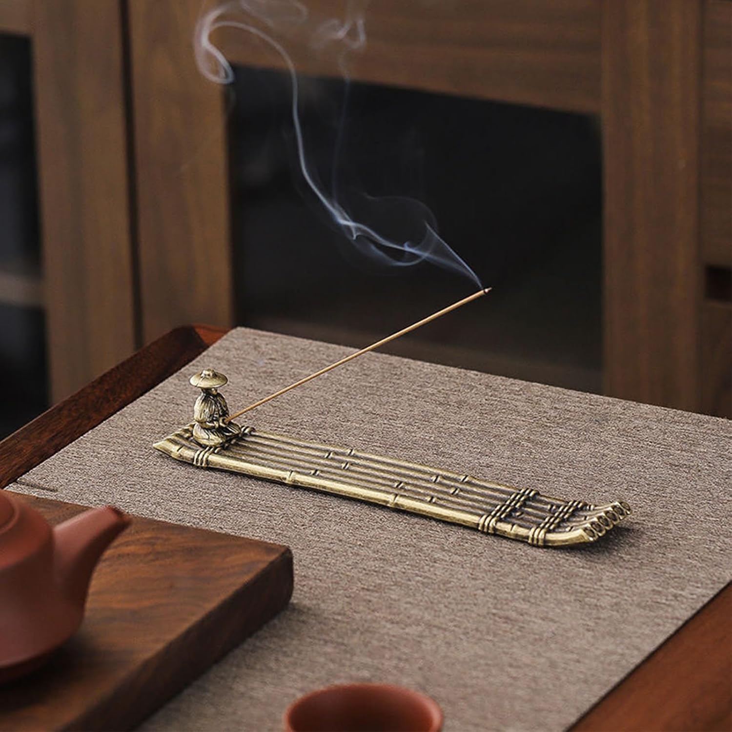 Zinc Alloy Large Bamboo Raft Fisherman Incense Holder Zen Style Incense Stick Holder for Backflow or Standard Incense Ideal for Meditation Yoga Home Decor Gift for Incense Lovers