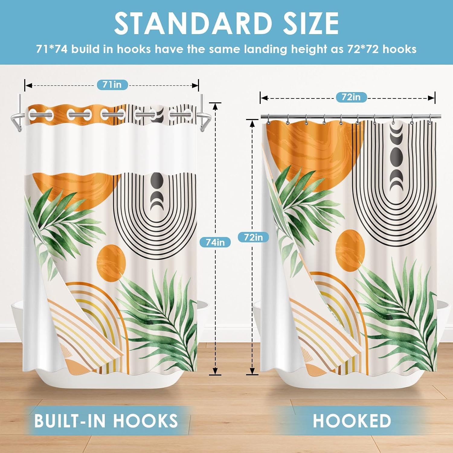No Hook Boho Geometric Shower Curtain with Snap in Fabric Liner Set, Abstract Sun Moon Leaf Double Layers Waterproof with See Through Top Window Bath Curtain 71x74 Inch