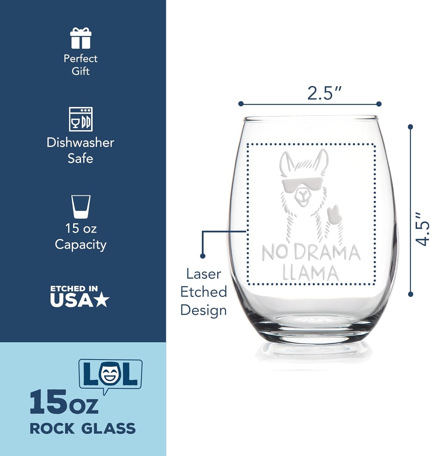 No Drama Llama Stemless Wine Glass - Funny Llama Gift - 2 Glasses