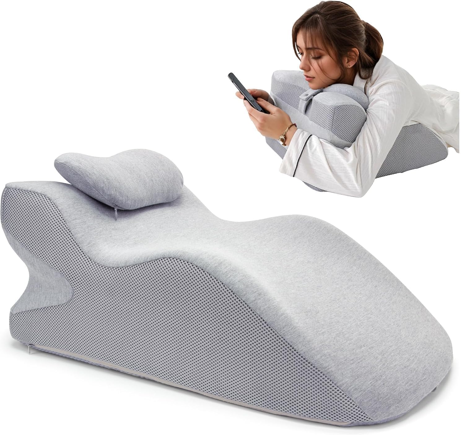 Adult Ergonomic Memory Foam Bed Triangle Wedge Pillow Headboard for Sitting up Back Neck Pain Relief with Face Down Massage Prone Pillow Function for Reading, with Washable Cover (Grey)