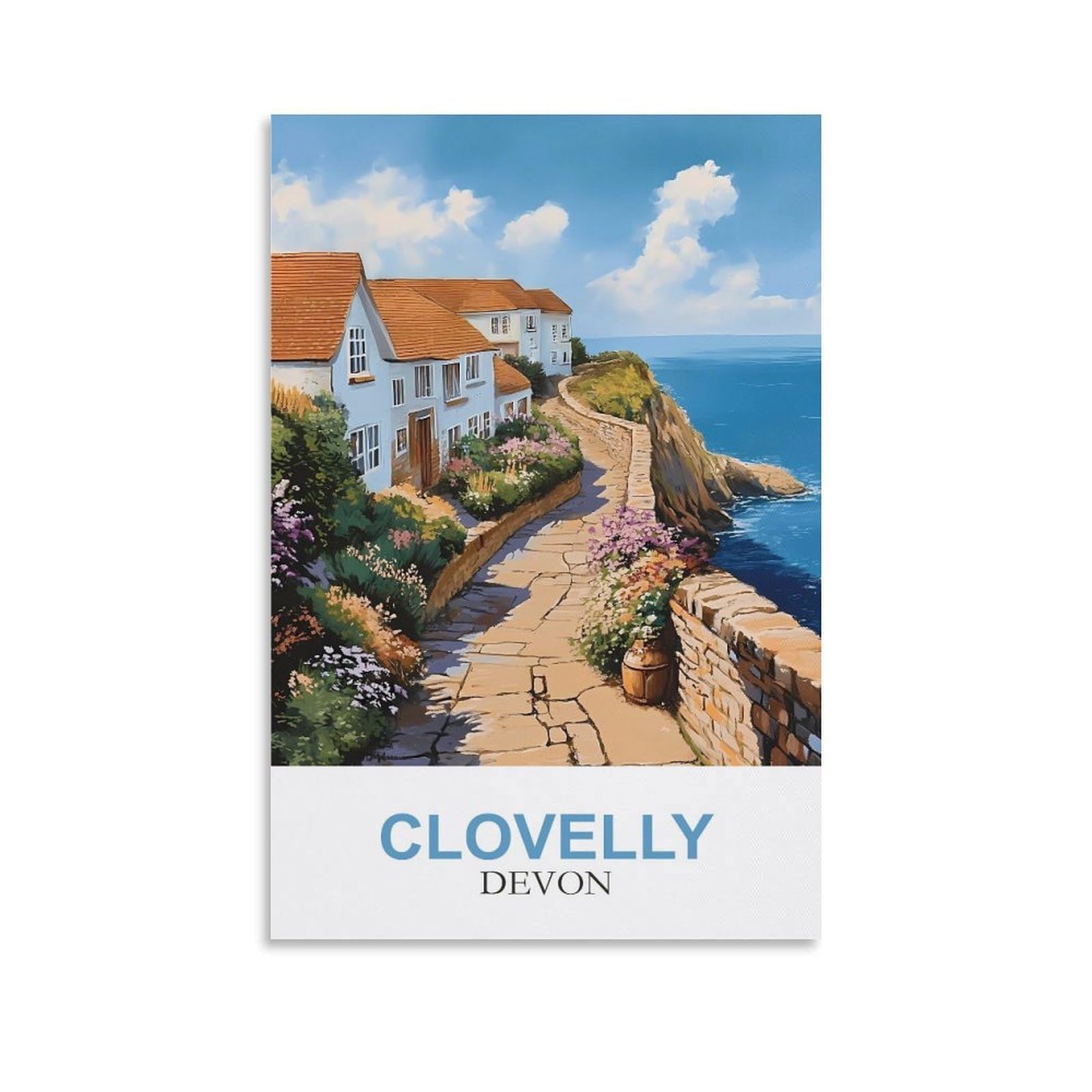 Clfmhnas Unframe-Style Clovelly Devon Vintage Travel Poster 12X18inch(30X45cm) Canvas Wall Art Prints