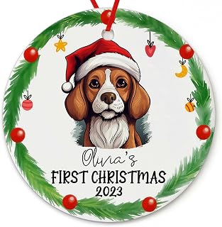 Dinoz Baby First Christmas Beagle Dog Lover, Santa Claus Hat Pet Décor Peronalized Name Printify Ceramic Round Circle Ornament Both Sided Printed Home Keepsake Gifts Decor